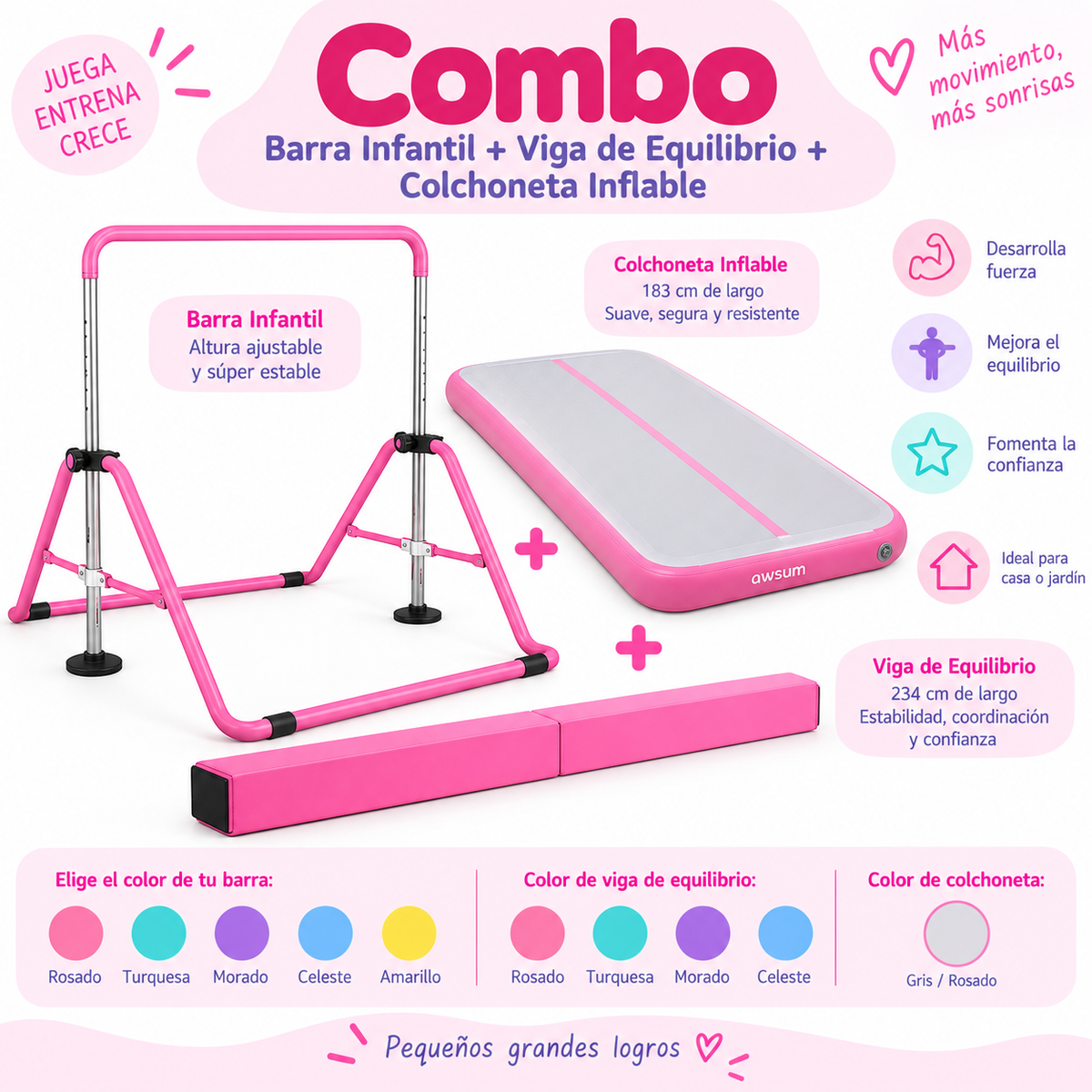 Combo Barra Infantil + Viga de Equilibrio + Colchoneta Inflable