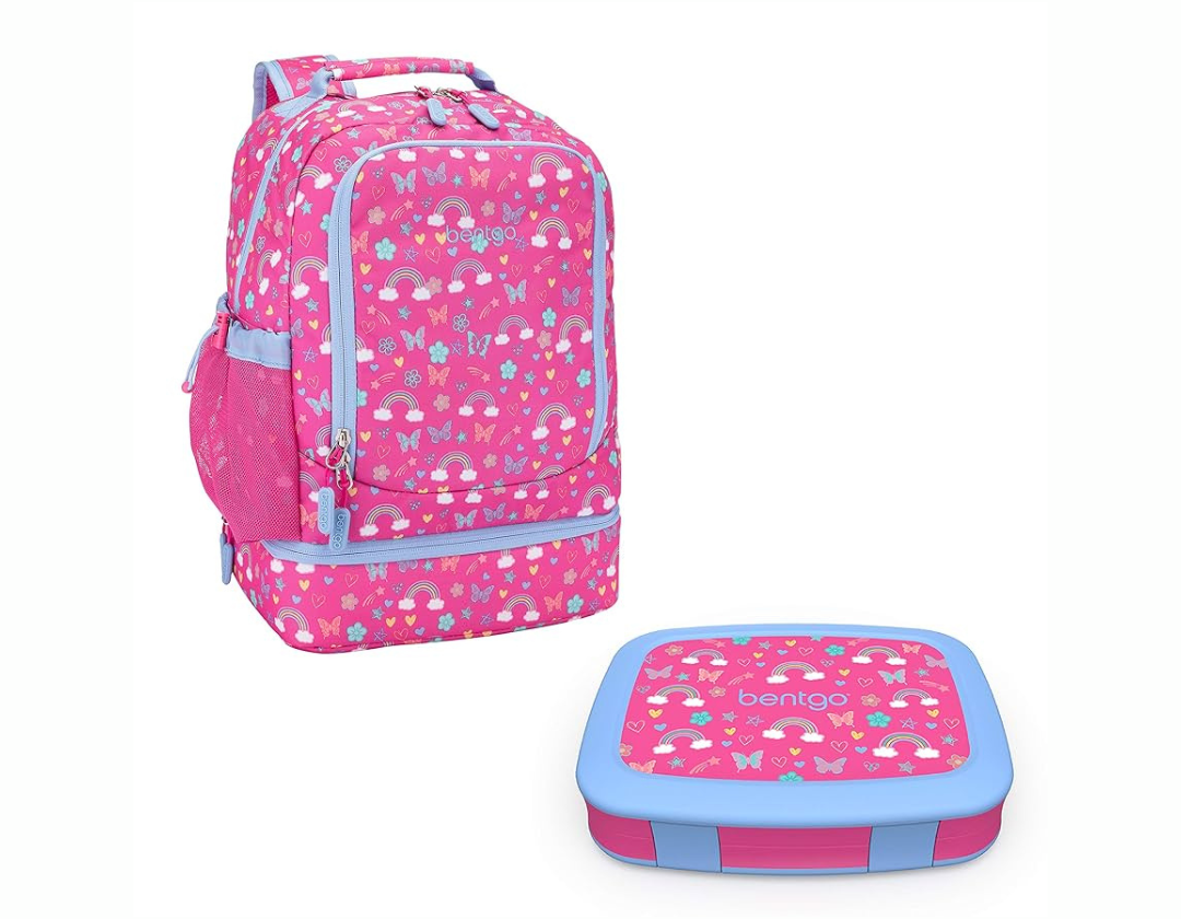 COMBO Bentgo Kids Mochila 2 en 1 con bolsa de almuerzo aislada y Lonchera Mariposas