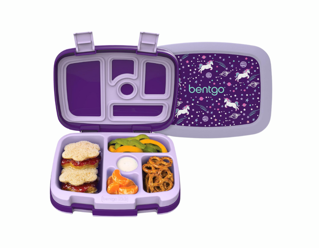 Bentgo Kids Lonchera estilo Bento con 5 compartimentos, a prueba de fugas y sin BPA, ideal para niños de 3 a 7 años. Unicornios morados