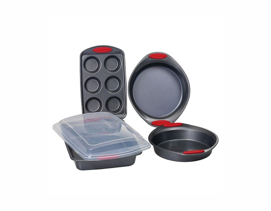 Juego de Utensilios de Horneado Duraderos Antiadherentes con Tapa de 5 Piezas Gris/Rojo