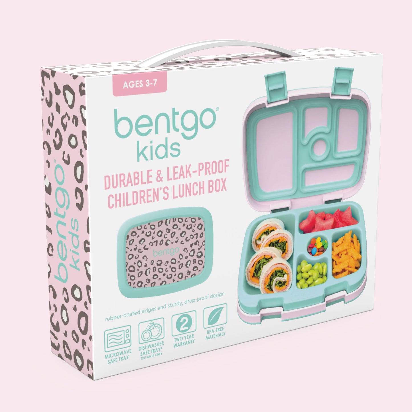 Bentgo Kids Lonchera estilo Bento con 5 compartimentos, a prueba de fugas y sin BPA, ideal para niños de 3 a 7 años. Chita, tigre, animal print.