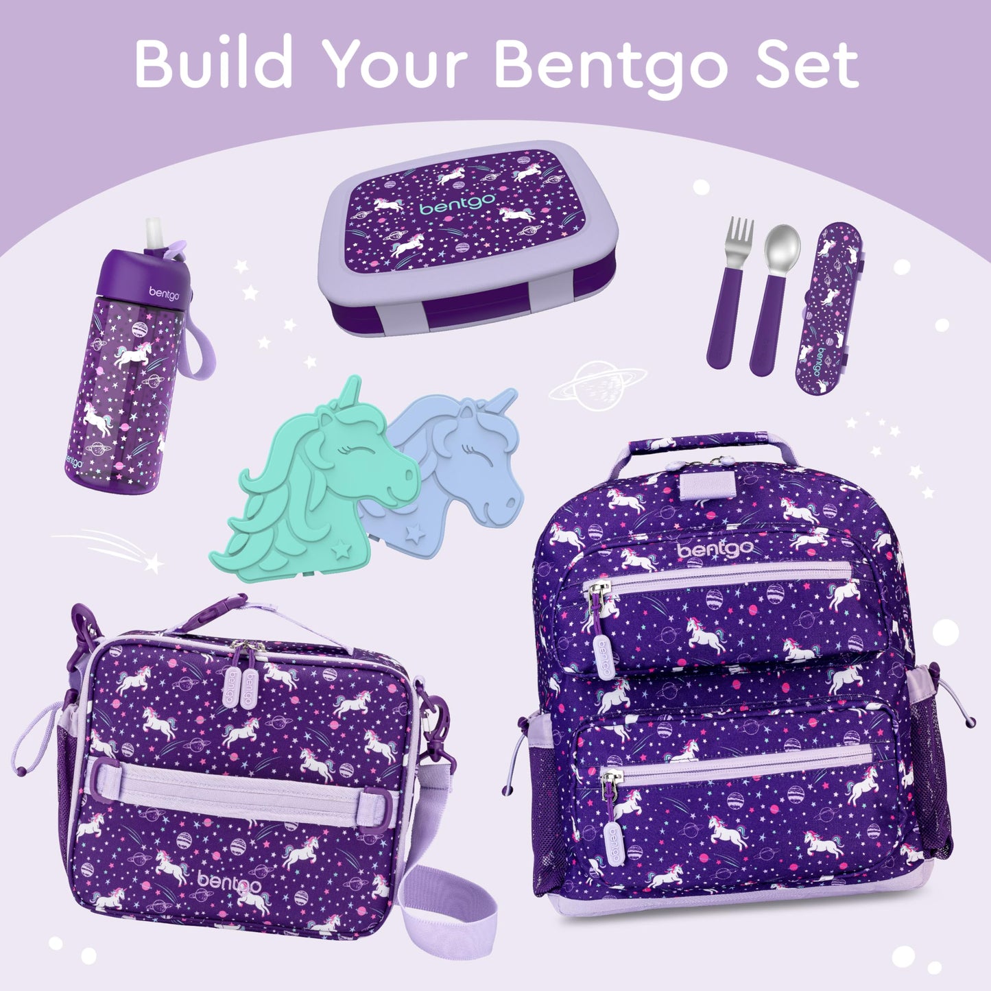 Bentgo Kids Lonchera estilo Bento con 5 compartimentos, a prueba de fugas y sin BPA, ideal para niños de 3 a 7 años. Unicornios morados