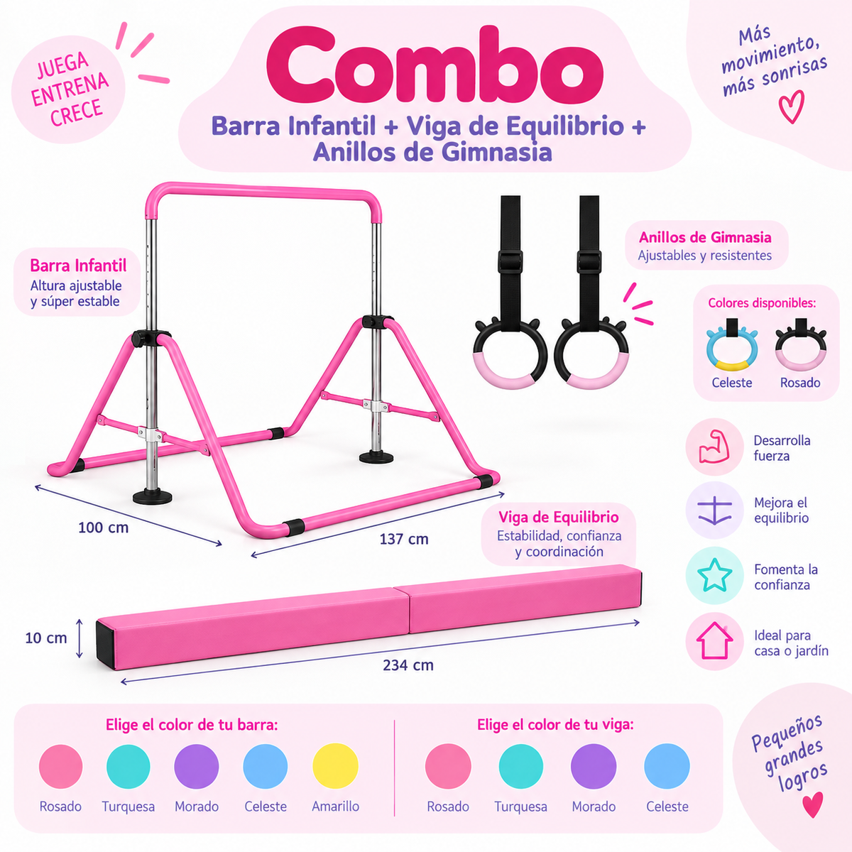 Combo Barra Infantil + Viga de Equilibrio + Anillos de Gimnasia