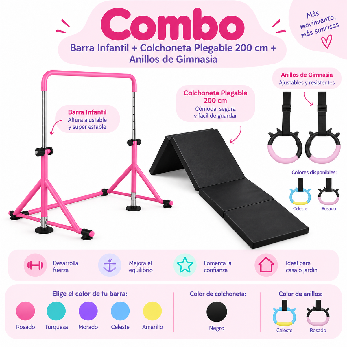 Combo Barra Infantil + Colchoneta Plegable 200cm + Anillos de Gimnasia