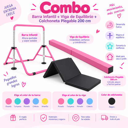 Combo Barra Infantil + Viga de Equilibrio + Colchoneta Plegable 200cm