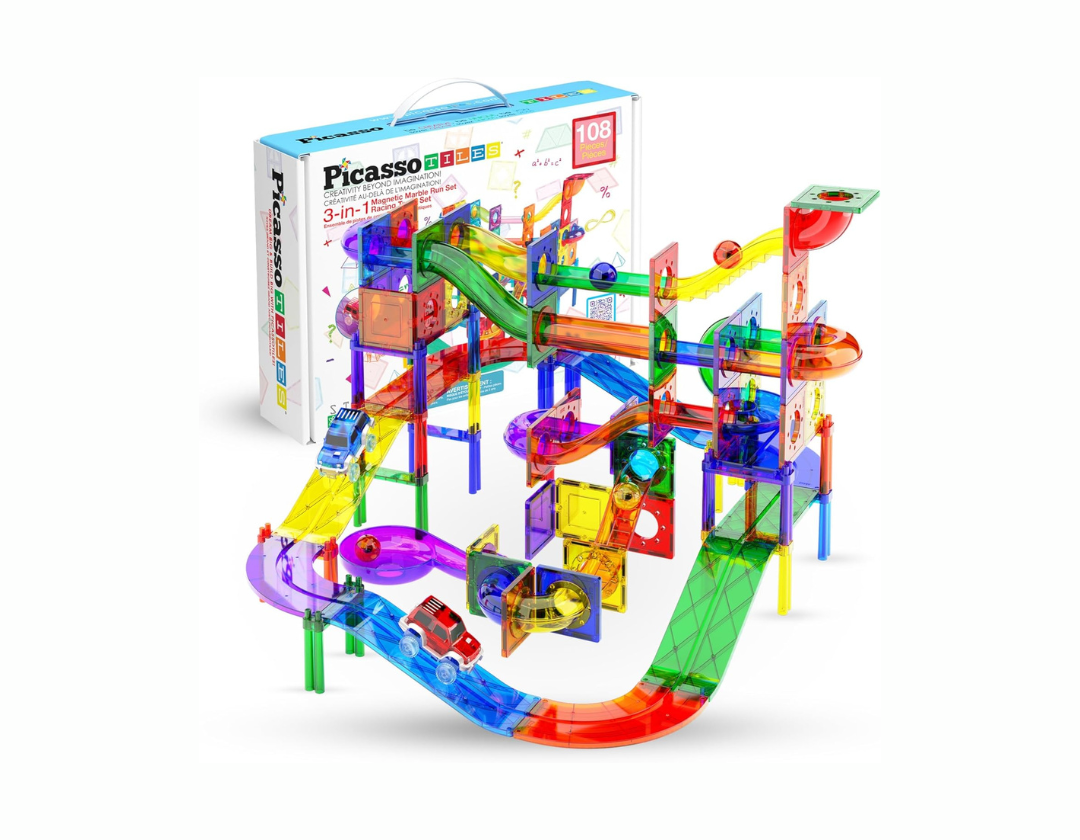 PicassoTiles – 108 Piezas 3 En 1 Marble Run Car Race Track Combo