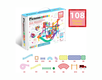 PicassoTiles – 108 Pieces 3 In 1 Marble Run Car Race Track Combo