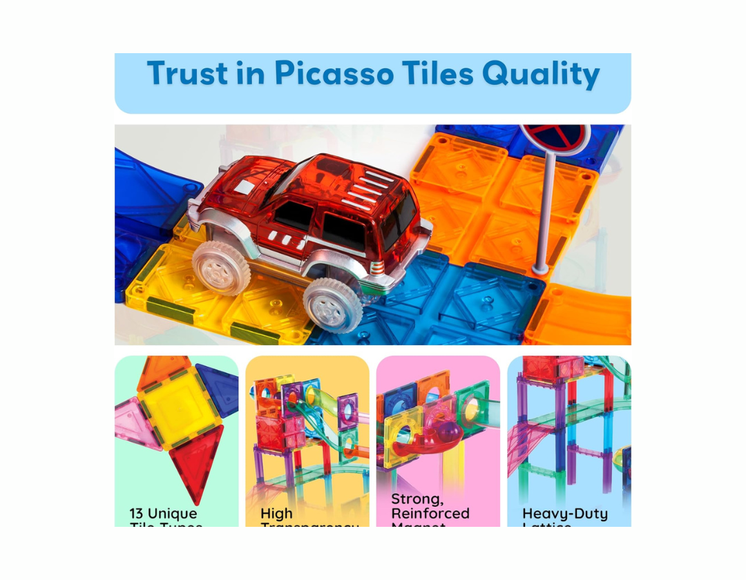 PicassoTiles – 108 Piezas 3 En 1 Marble Run Car Race Track Combo