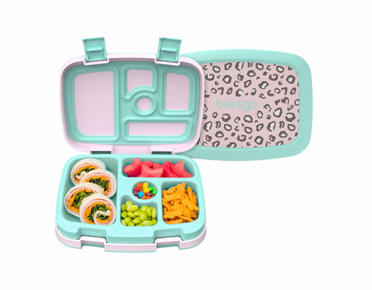 Bentgo Kids Lonchera estilo Bento con 5 compartimentos, a prueba de fugas y sin BPA, ideal para niños de 3 a 7 años. Chita, tigre, animal print.