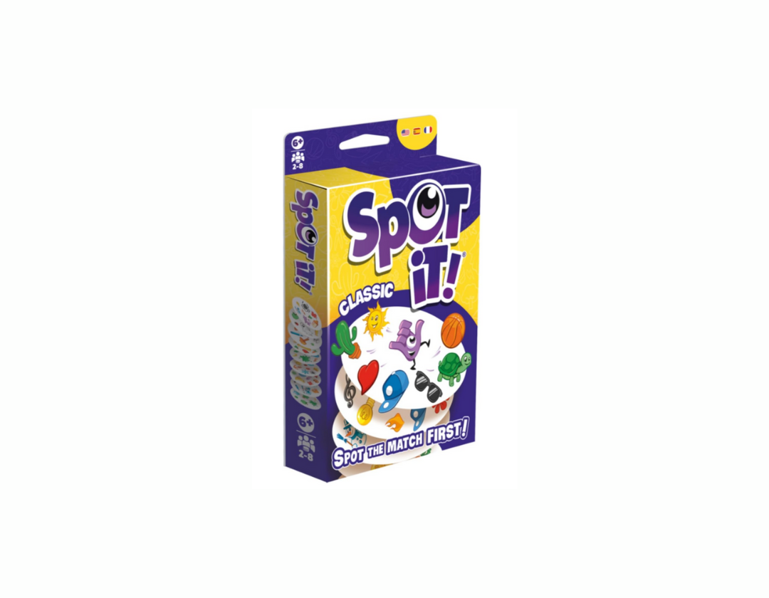 Spot It! Juego de Cartas Clásico, 5 juegos en 1 para mejorar la percepción visual, reflejos rápidos y diversión en familia. Edades 6+, de 2 a 8 jugadores, partidas de 10 minutos.