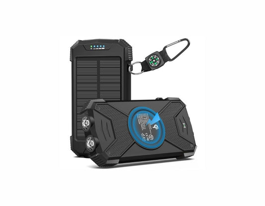 Cargador Solar Portátil con linterna y mini panel solar.