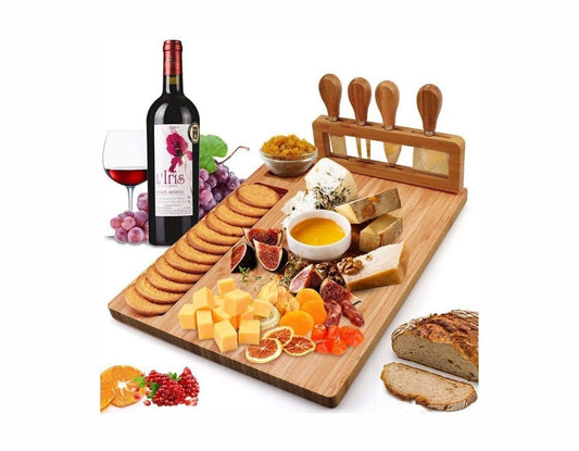 Tabla de queso de bambu, bandeja para servir charcutería de carne con 4 cuchillo de acero inoxidable
