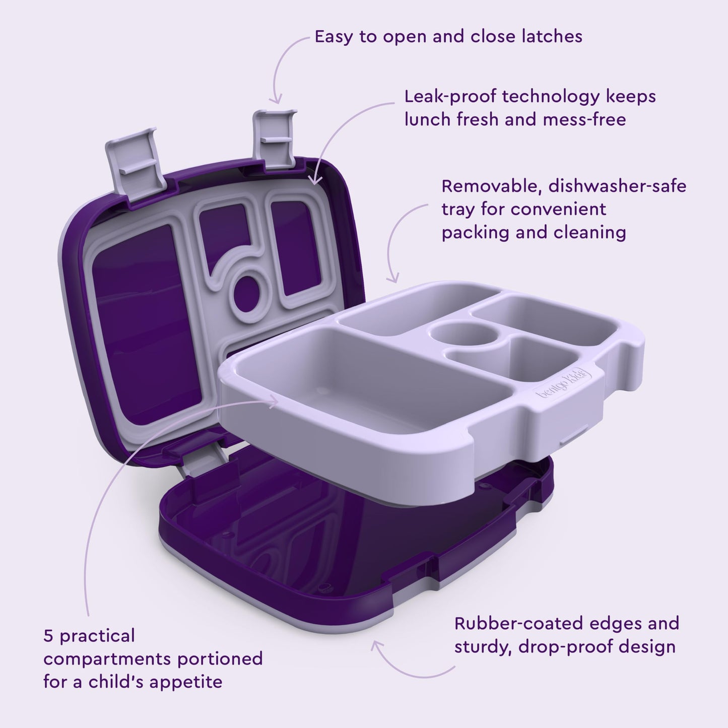 Bentgo Kids Lonchera estilo Bento con 5 compartimentos, a prueba de fugas y sin BPA, ideal para niños de 3 a 7 años. Unicornios morados