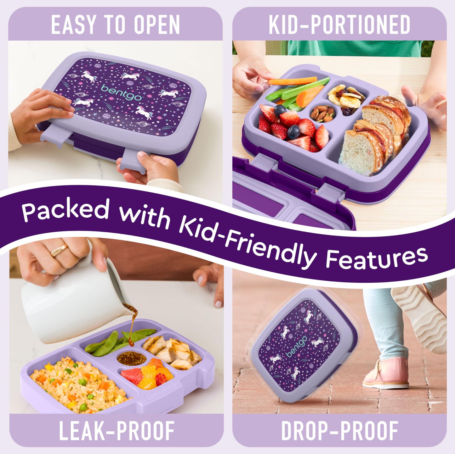 Bentgo Kids Lonchera estilo Bento con 5 compartimentos, a prueba de fugas y sin BPA, ideal para niños de 3 a 7 años. Unicornios morados