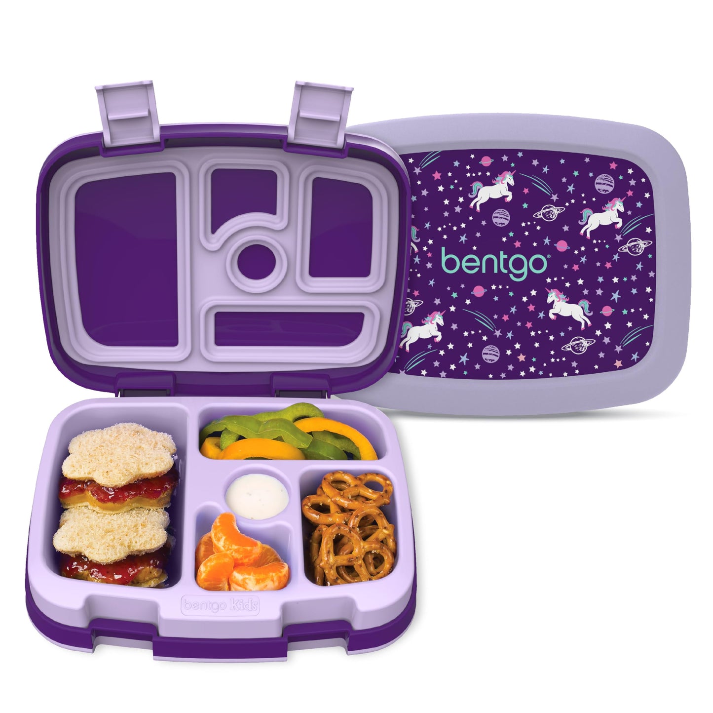 Bentgo Kids Lonchera estilo Bento con 5 compartimentos, a prueba de fugas y sin BPA, ideal para niños de 3 a 7 años. Unicornios morados
