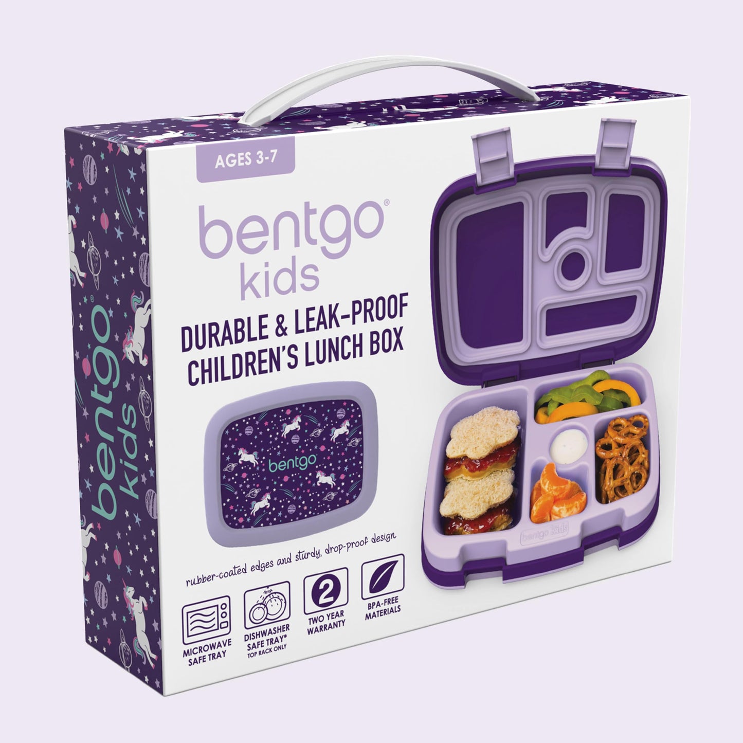 Bentgo Kids Lonchera estilo Bento con 5 compartimentos, a prueba de fugas y sin BPA, ideal para niños de 3 a 7 años. Unicornios morados