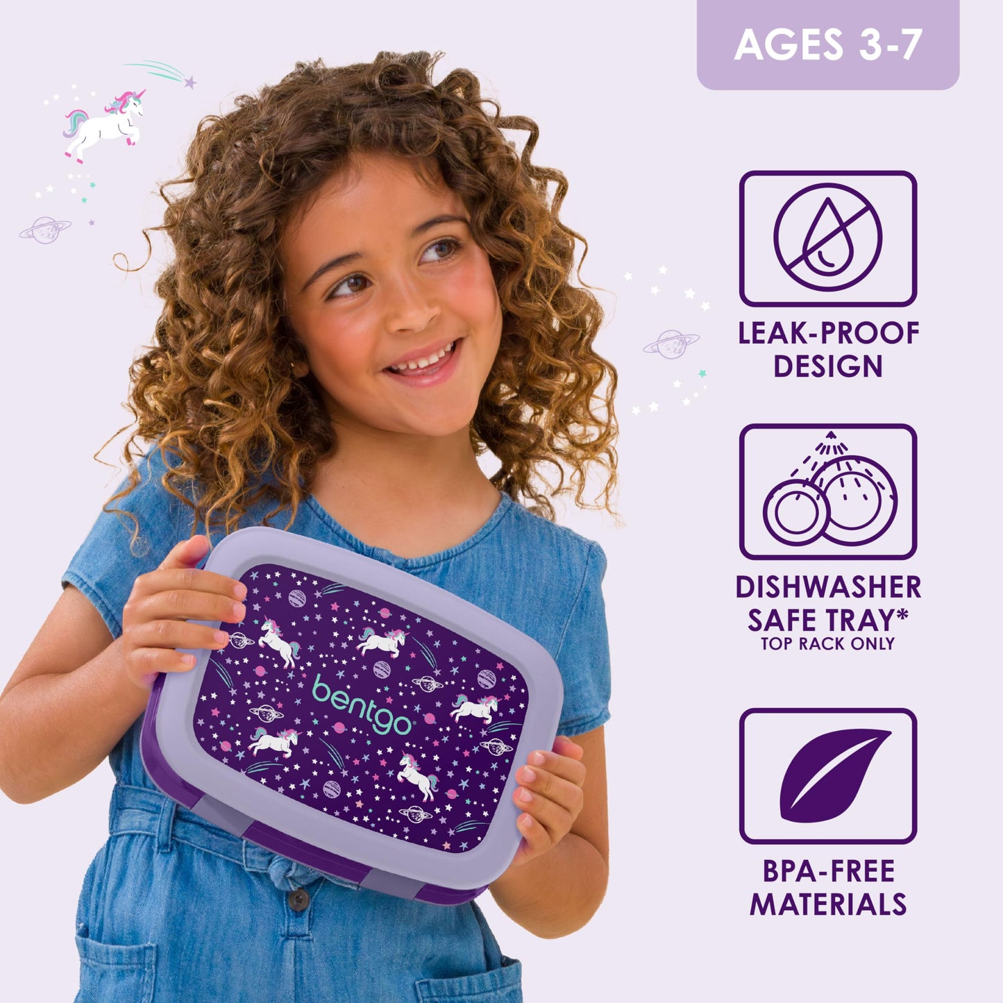 Bentgo Kids Lonchera estilo Bento con 5 compartimentos, a prueba de fugas y sin BPA, ideal para niños de 3 a 7 años. Unicornios morados