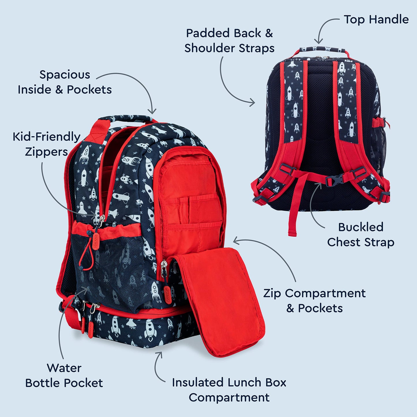 Bentgo Kids Mochila 2 en 1 con bolsa de almuerzo aislada, resistente al agua y acolchada - 16" (Cohete)