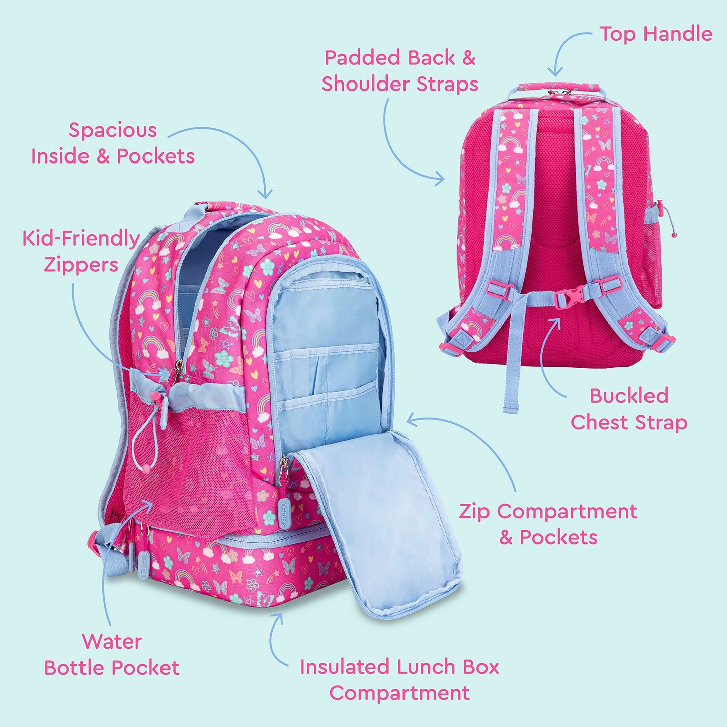 Bentgo Kids Mochila 2 en 1 con bolsa de almuerzo aislada, resistente al agua y acolchada - 16" (mariposas y unicornios).