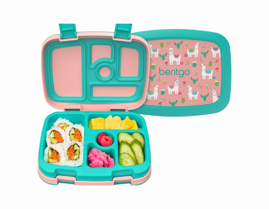 Bentgo Kids Lonchera estilo Bento con 5 compartimentos, a prueba de fugas y sin BPA, ideal para niños de 3 a 7 años. Llamas